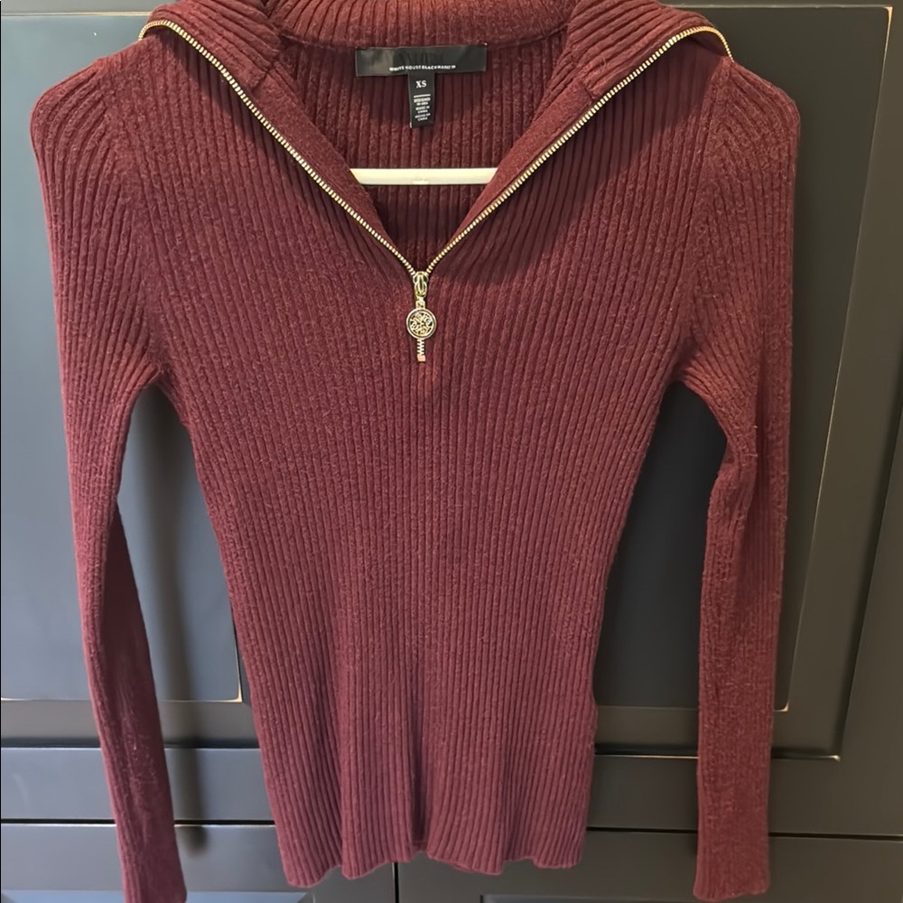 White House Black Market Burgundy Ribbed Sweater with Gold Zipper